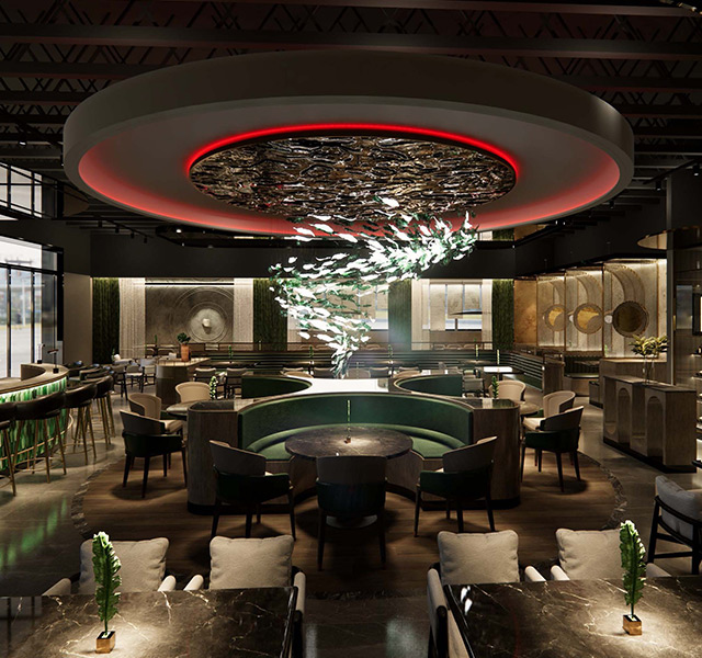 A modern edgy dining room with colorful lighting.