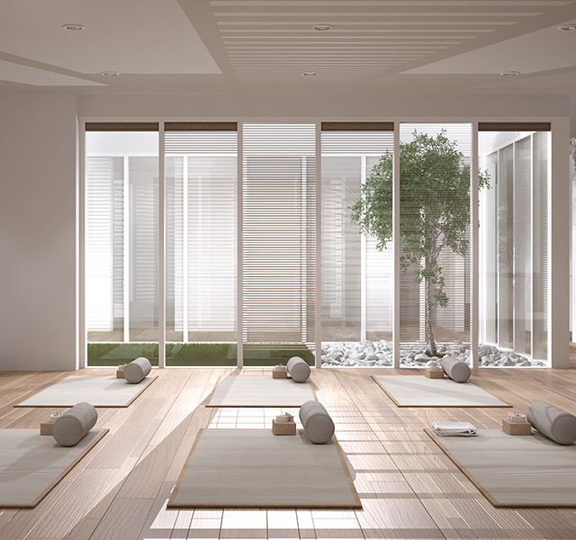 A yoga studio with mats on the floor.