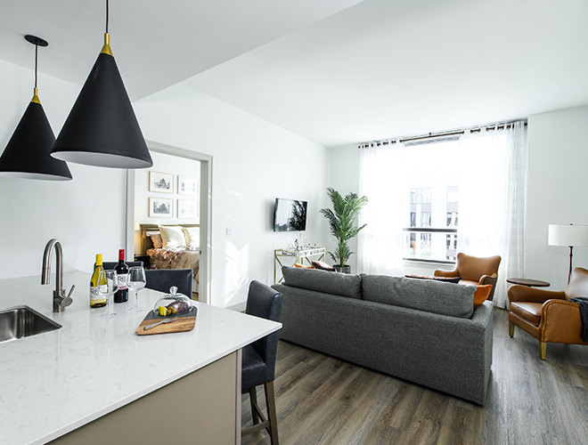 A model apartment that is modern and fully furnished.