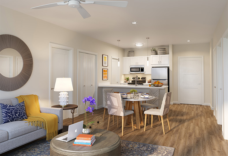 A fully furnished apartment living room.