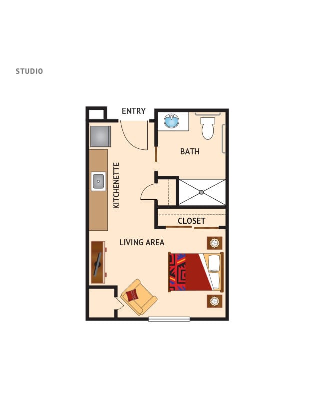 Independent living studio floor plan for White Cliffs Senior Living.