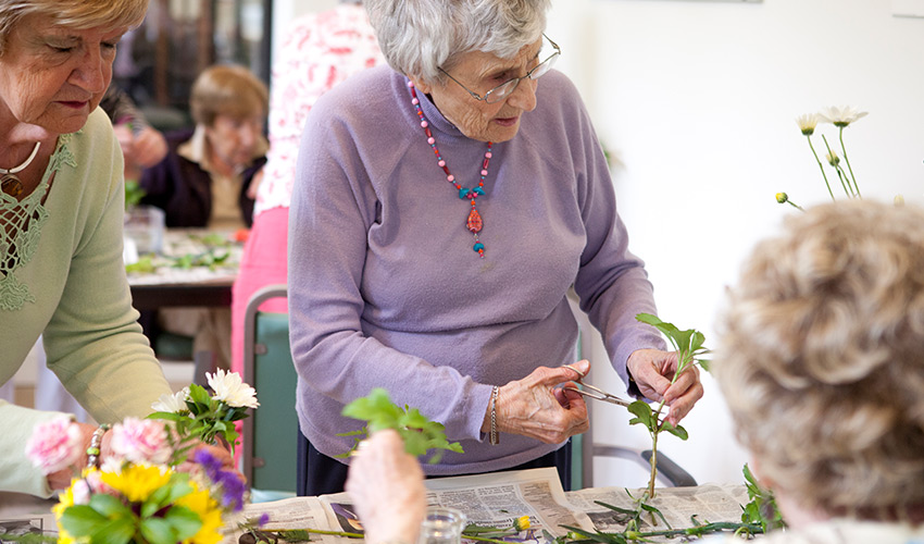 A group of senior women arranging flowers.