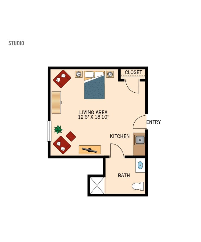 Assisted living studio floor plan for Woodbury Mews.