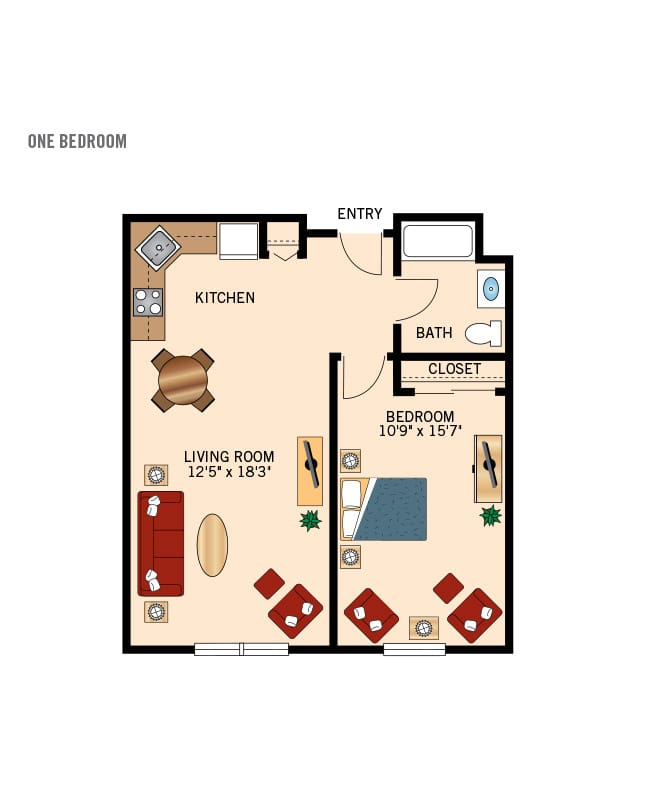 Independent living one bedroom floor plan for Woodbury Mews.