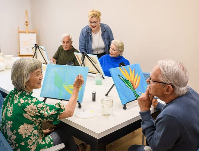 Residents enjoying an art class.