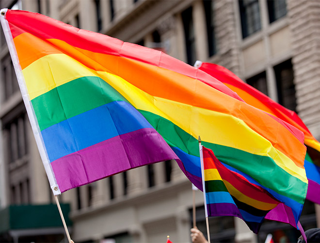 The New York City Pride Parade celebrating all lifestyle choices. Flags at the parade. The parade route was lined with tens-of thousands of spectators supporting the event.