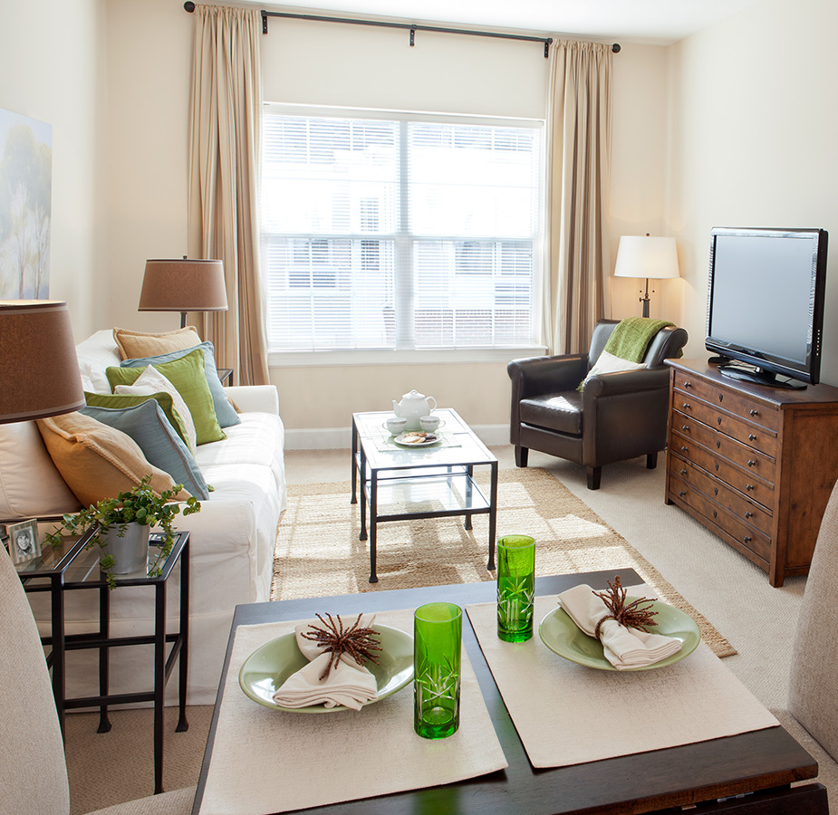 A dining table overlooking the living room.