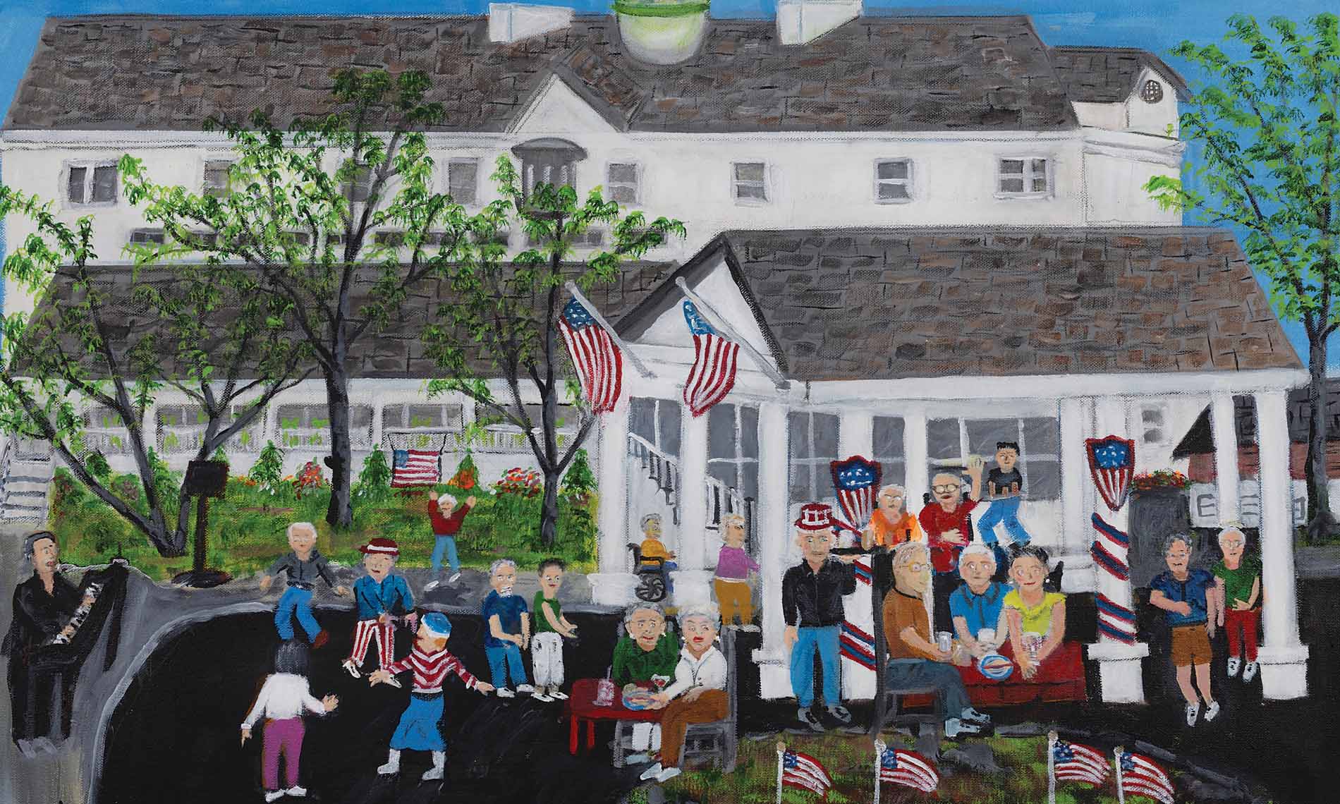 7July A piece of art of people dancing outside in front of multiple white buildings with American Flags hanging.