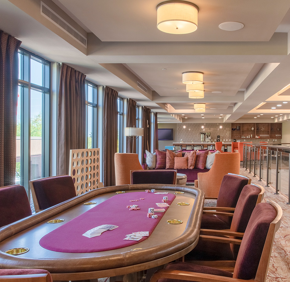 Seating area with long tables.