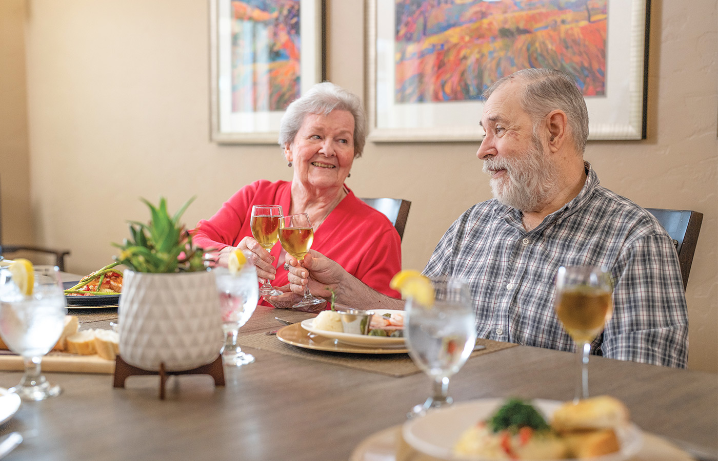 Two people having dinner.