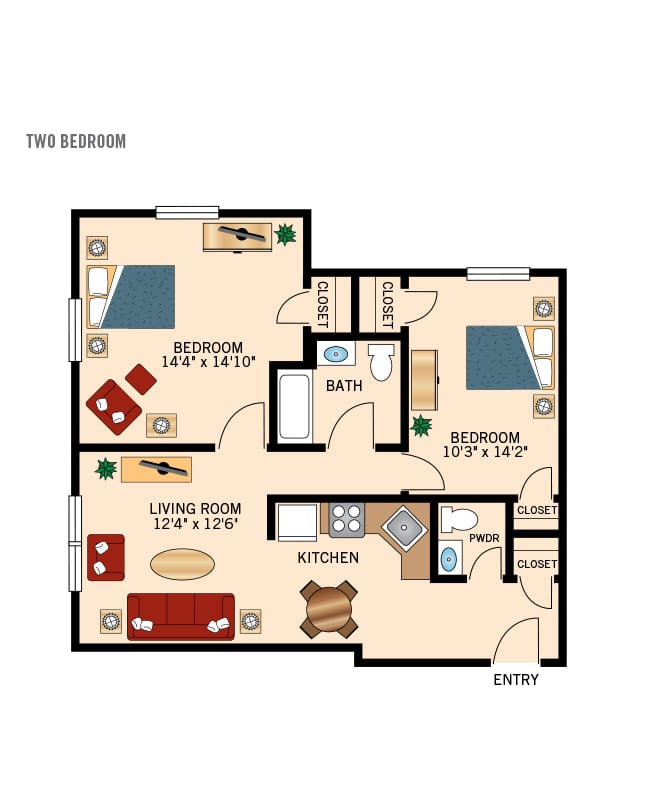 Independent living two bedroom floor plan for Woodbury Mews.