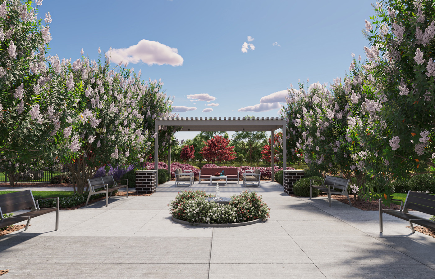 courtyard with gazebo surrounded by trees and flowers