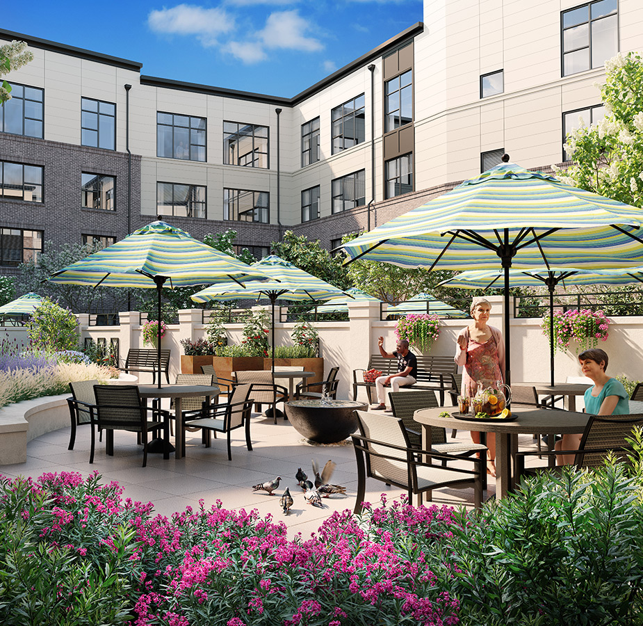 Outdoor patio with tables and umbrellas.