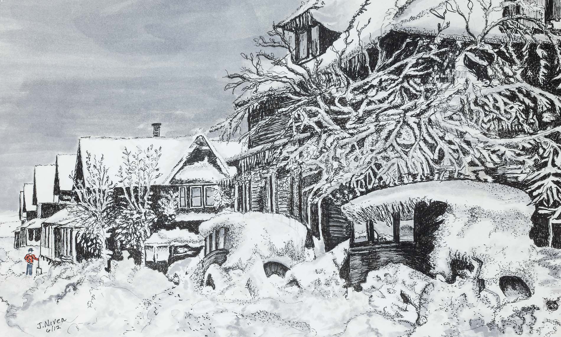 12December A piece of black and white art of a snowy village.